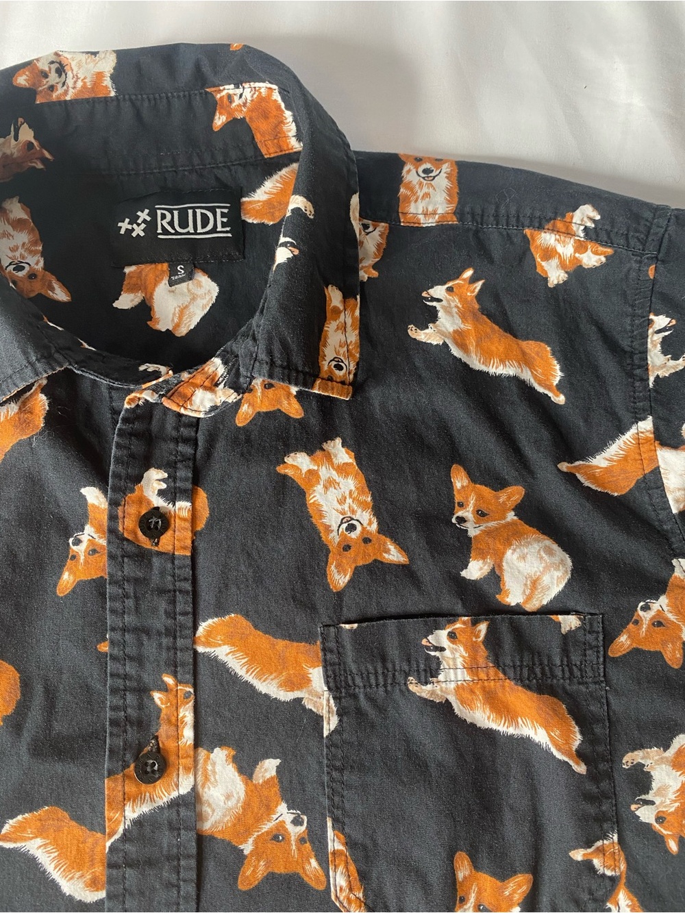 Rude Mens Small Corgi Dog Print Short Sleeve Button Up Shirt Black Tan